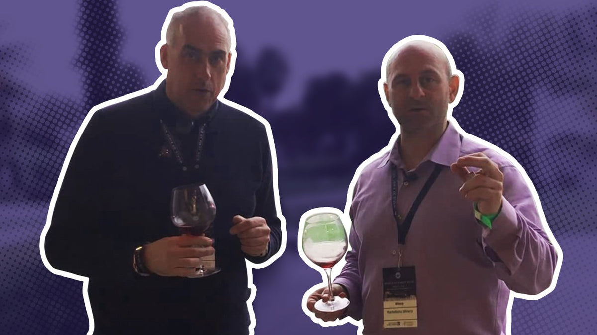 Greg Martellotto and Neil Foster holding glasses of wine on a purple background