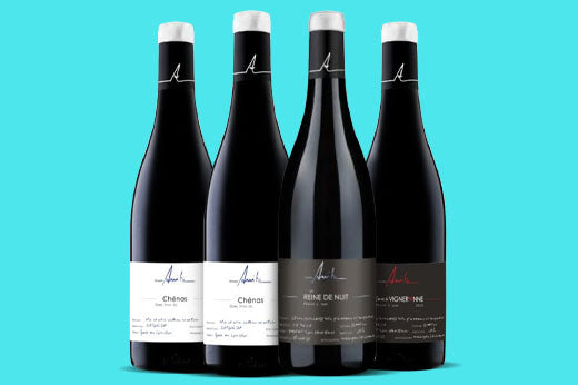 Four Domaine Anita Beaujolais bottles, two labelled Chenas and two with dark labels, on blue