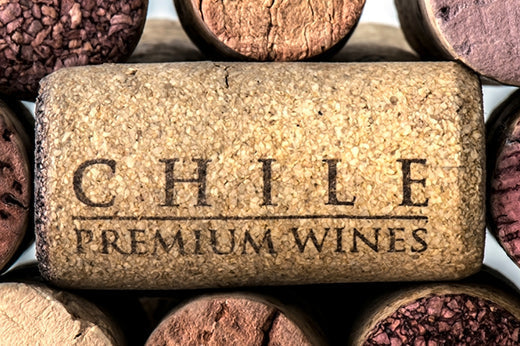 Close-up of a wine cork stamped "Chile Premium Wines" resting on a bed of used corks