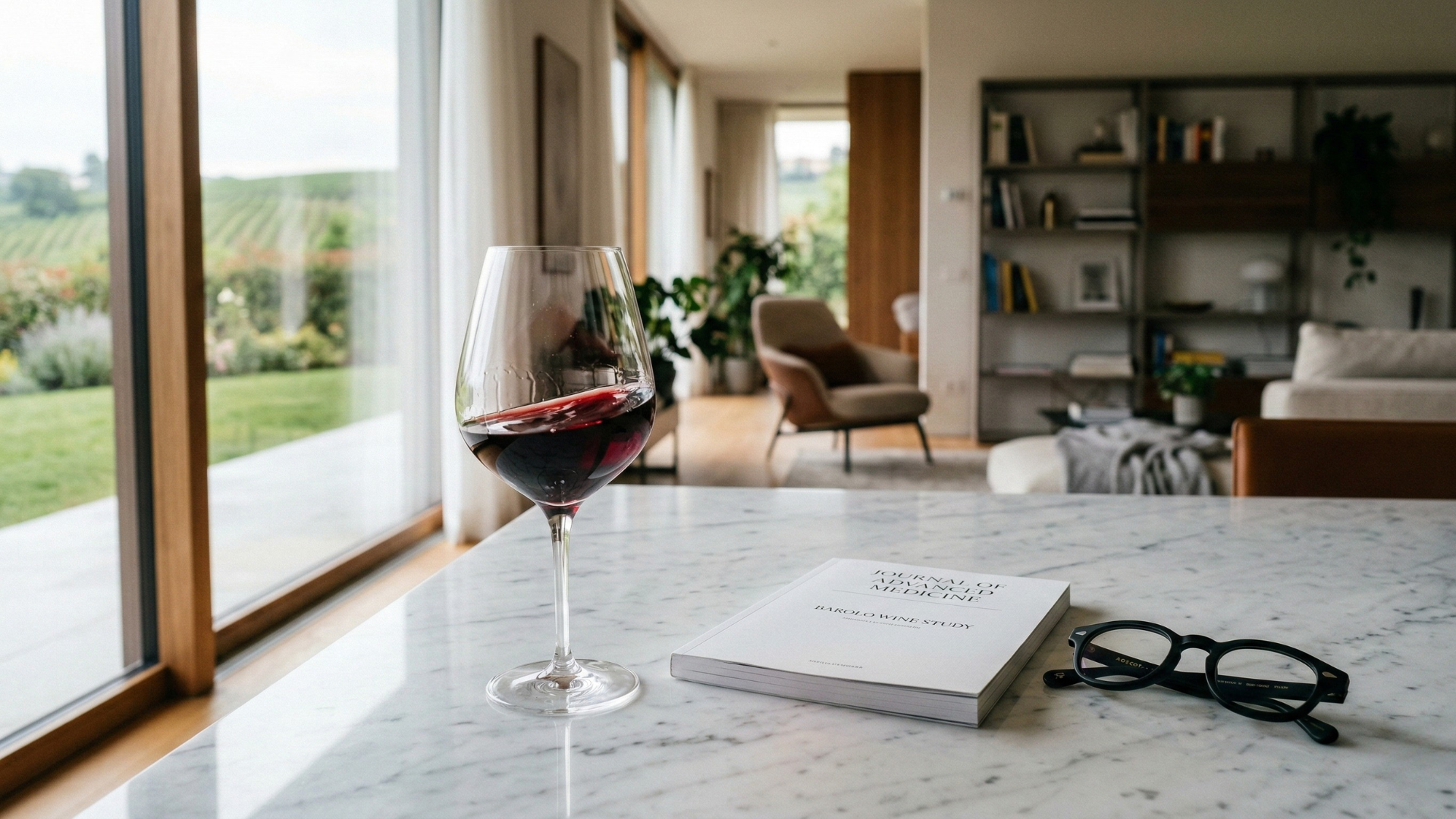 A glass wine on a countertop next to a science book with some reading glasses.