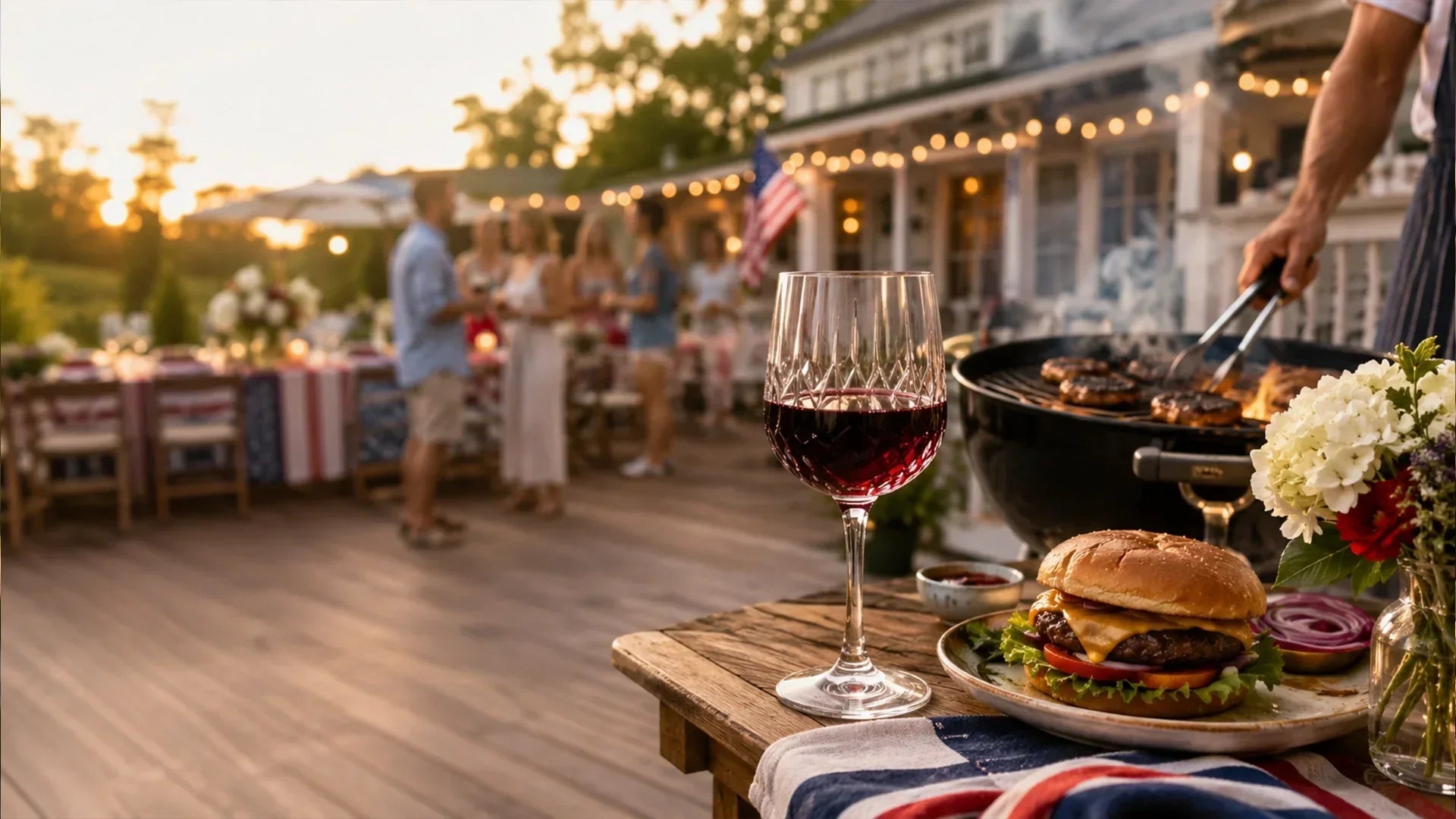 Friends enjoying a 4th of July backyard BBQ with grilled burgers and a glass of red wine on a festive summer table.