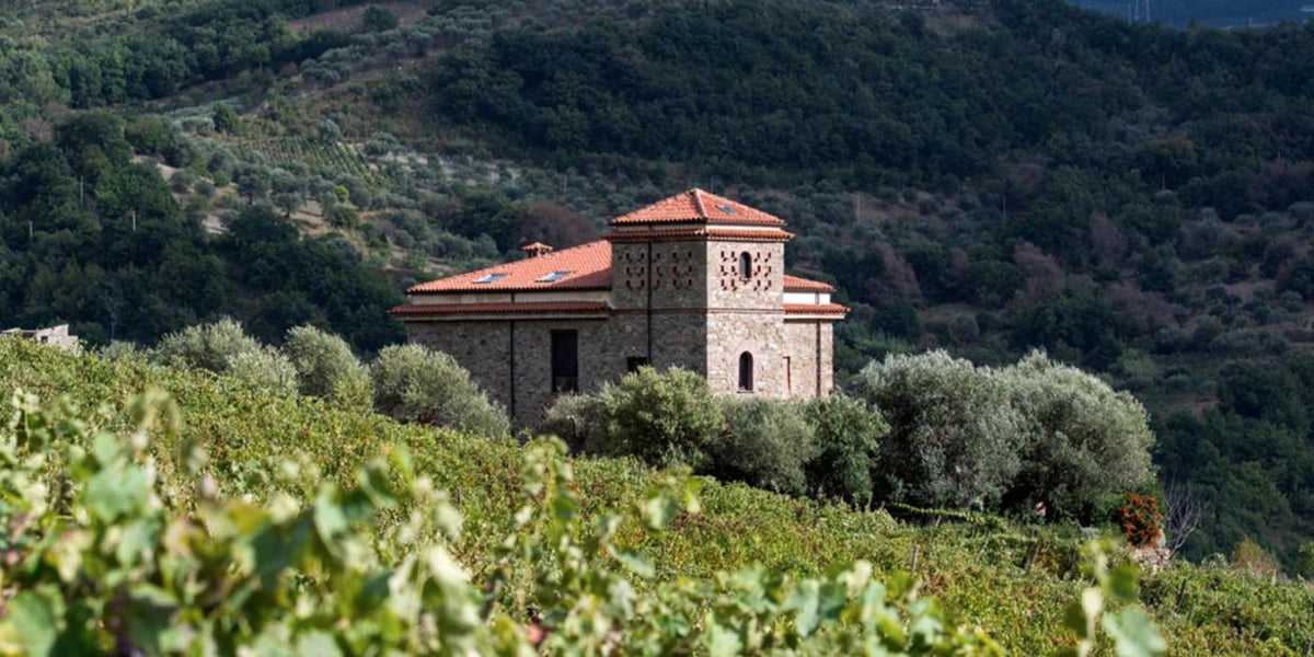 Stone chapel with a terracotta roof on a hillside above vineyards and olive trees in Campania