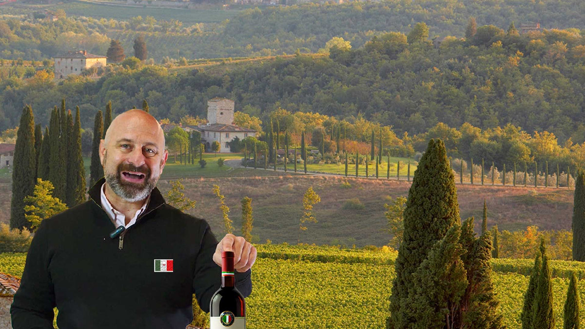 Smiling man in a black sweater with an Italian flag holding a red wine bottle, vineyard hills behind