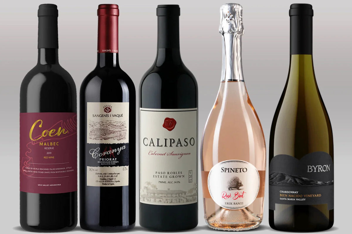 Five bottles: Coen Malbec, a Priorat red, Calipaso Cabernet, Spineto sparkling rose and Byron