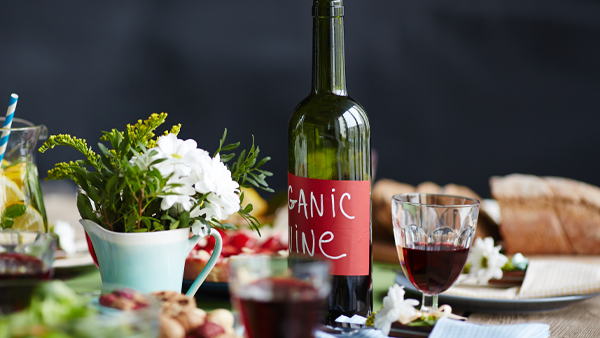 Table set with a bottle labeled "Organic Wine", a glass of red wine, flowers and bread