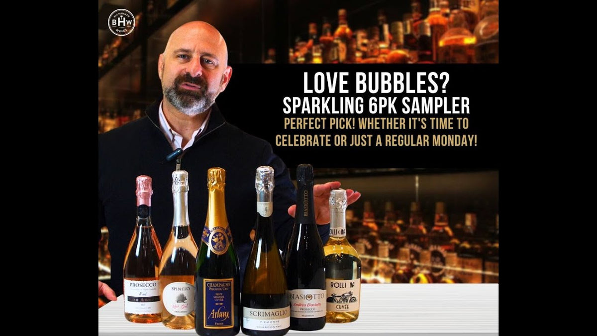 Man behind a bar with six sparkling wine bottles, text reading "Love bubbles? Sparkling 6pk sampler"
