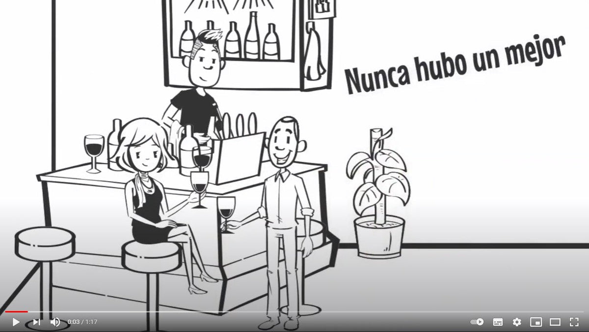 Animated video still of cartoon people drinking wine at a bar, text reading "Nunca hubo un mejor"