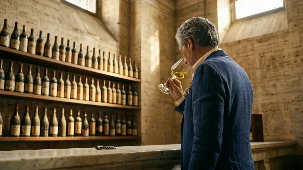 Man in a blue blazer nosing a glass of white wine in front of shelves of aged bottles