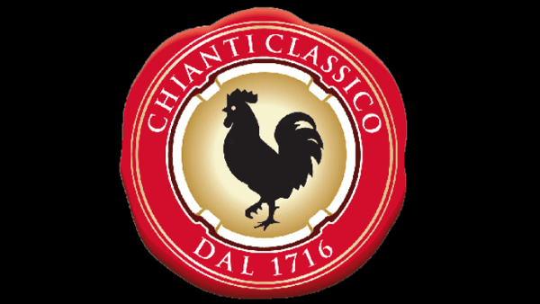 Red and gold Chianti Classico emblem with a black rooster at its center