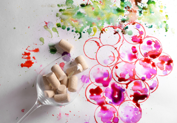 Wine glass on its side spilling corks beside a watercolor grape cluster in red and purple