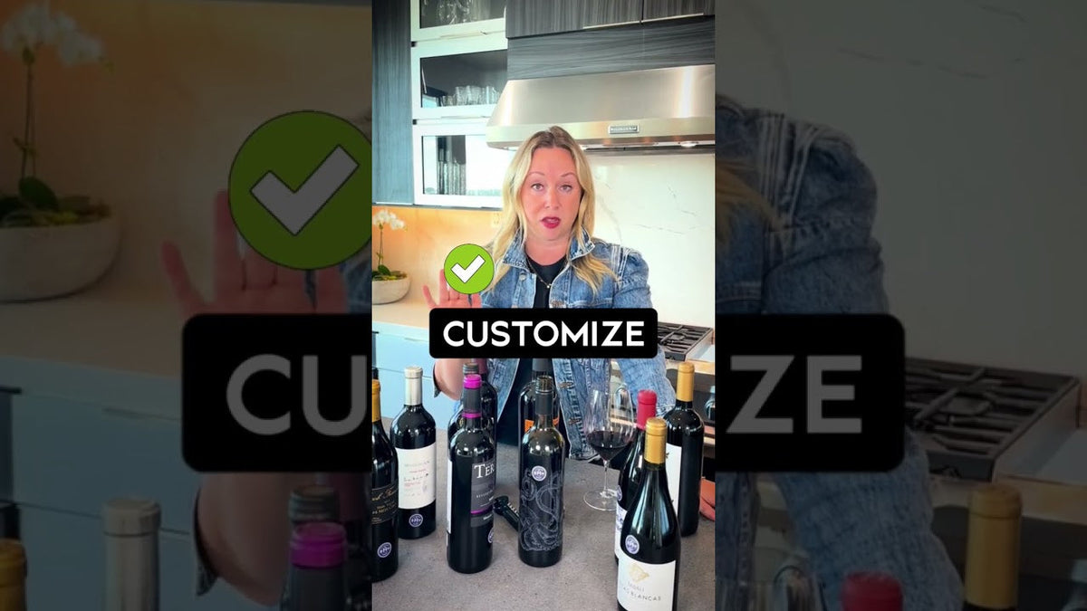 Woman in a denim jacket behind six wine bottles on a counter, caption reading "Customize"