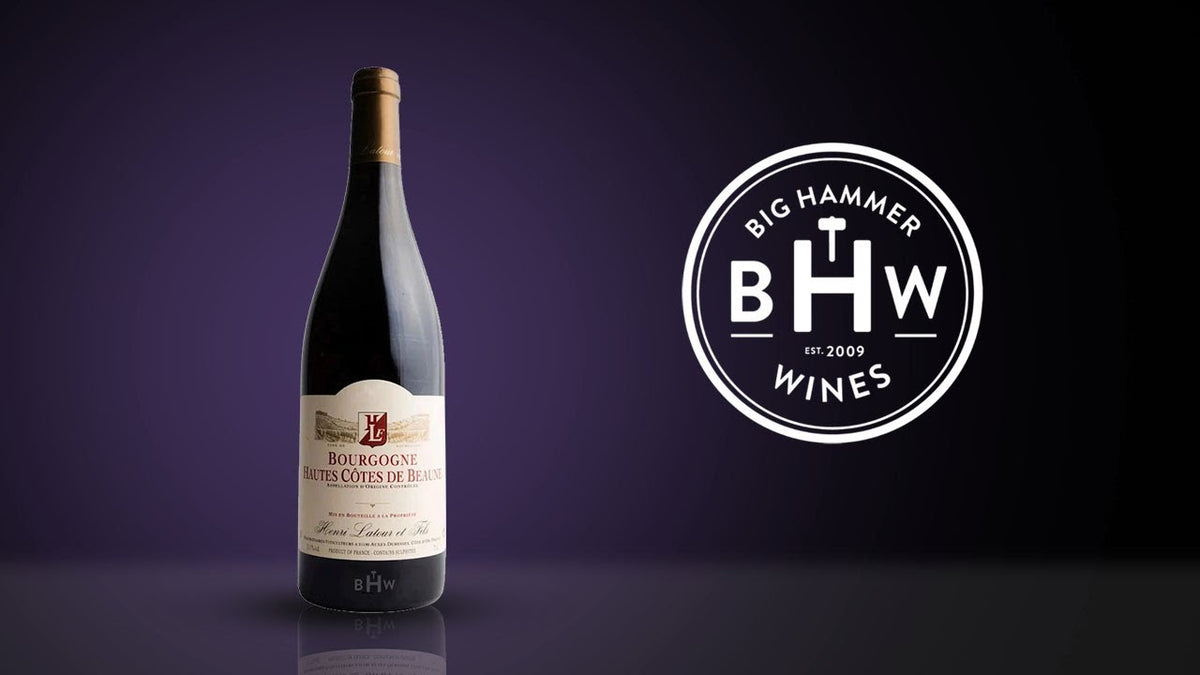 Bottle of Bourgogne Hautes-Cotes de Beaune red wine beside the Big Hammer Wines logo