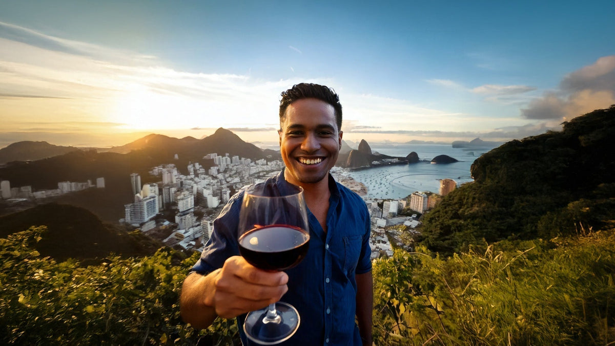 Smiling man holding out a glass of red wine on a hillside above a coastal city at sunset