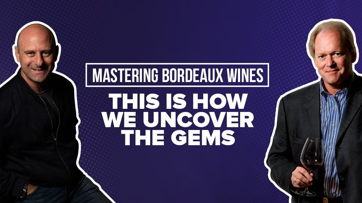 Graphic reading "Mastering Bordeaux Wines: This Is How We Uncover The Gems" with two men on purple