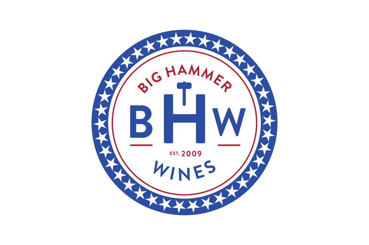 Big Hammer Wines logo, a circular blue and red badge with stars and est. 2009