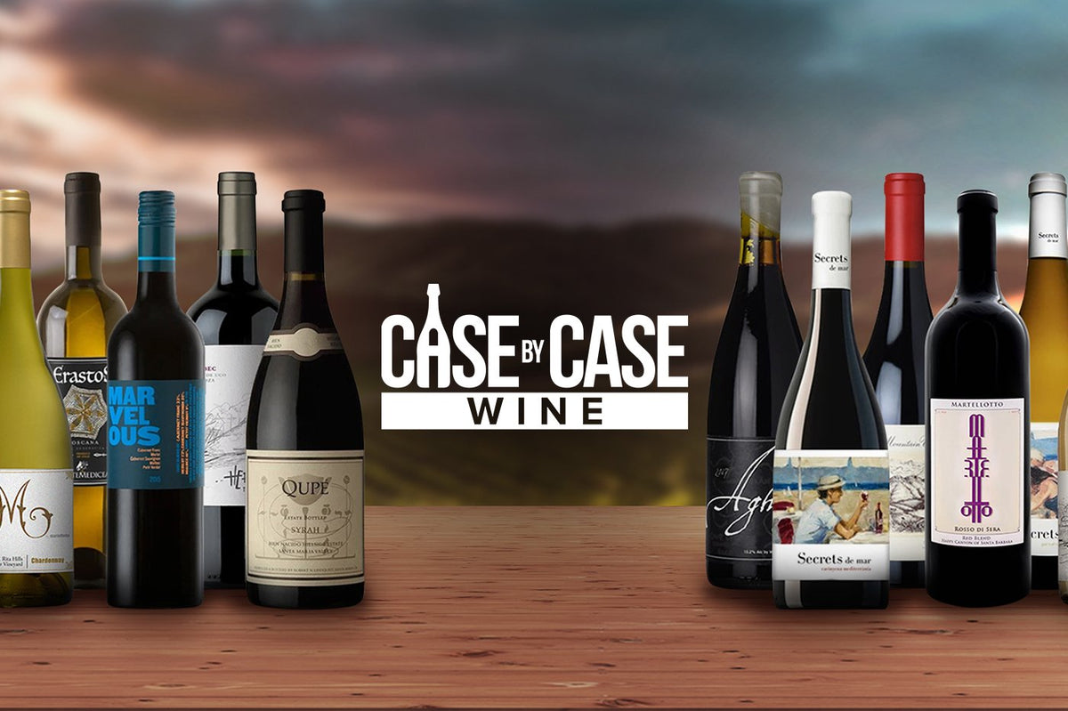 Wine bottles flanking a graphic reading "Case by Case Wine" on a wooden table