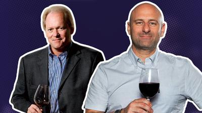 Two men each holding a glass of red wine in front of a purple graphic backdrop