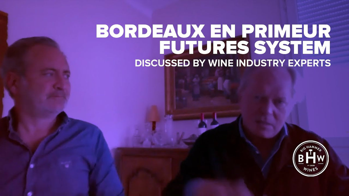 Graphic reading "Bordeaux en Primeur Futures System, discussed by wine industry experts" over two seated men
