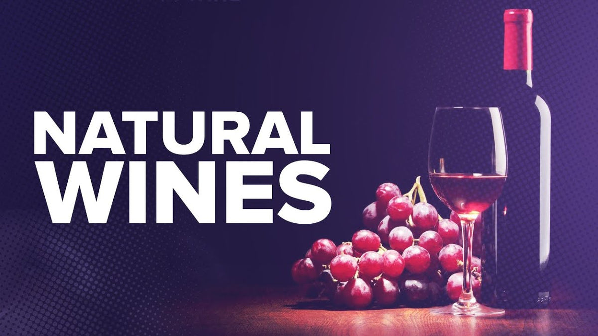 Graphic reading "Natural Wines" beside a bottle of red wine, a filled glass and a bunch of red grapes
