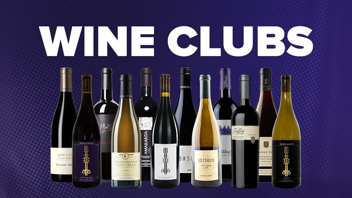 Graphic reading "Wine Clubs" above a row of a dozen red and white wine bottles