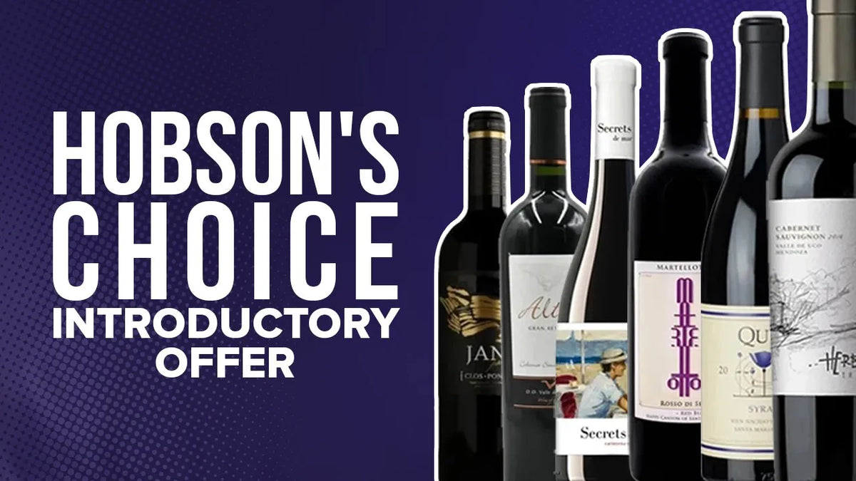 Six red wine bottles beside text reading "Hobson's Choice Introductory Offer"