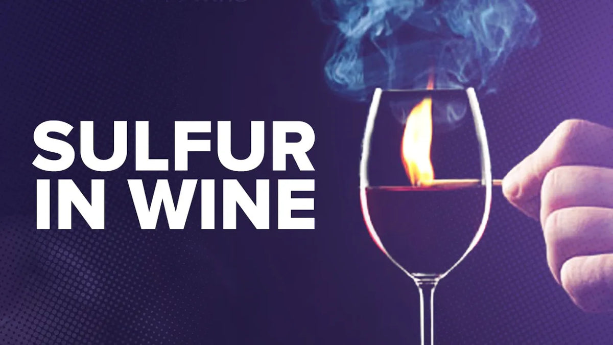 Graphic reading "Sulfur in Wine" beside a lit match burning over a glass of red wine