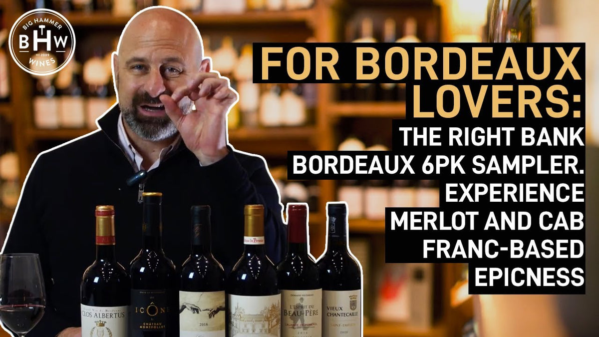 Man in a wine shop behind six Bordeaux bottles, text "For Bordeaux lovers: Right Bank 6pk sampler"