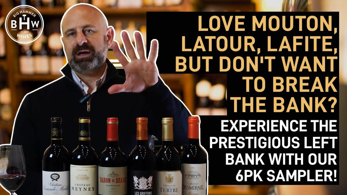 Man raising a hand behind six Bordeaux bottles, text about a Left Bank 6pk sampler