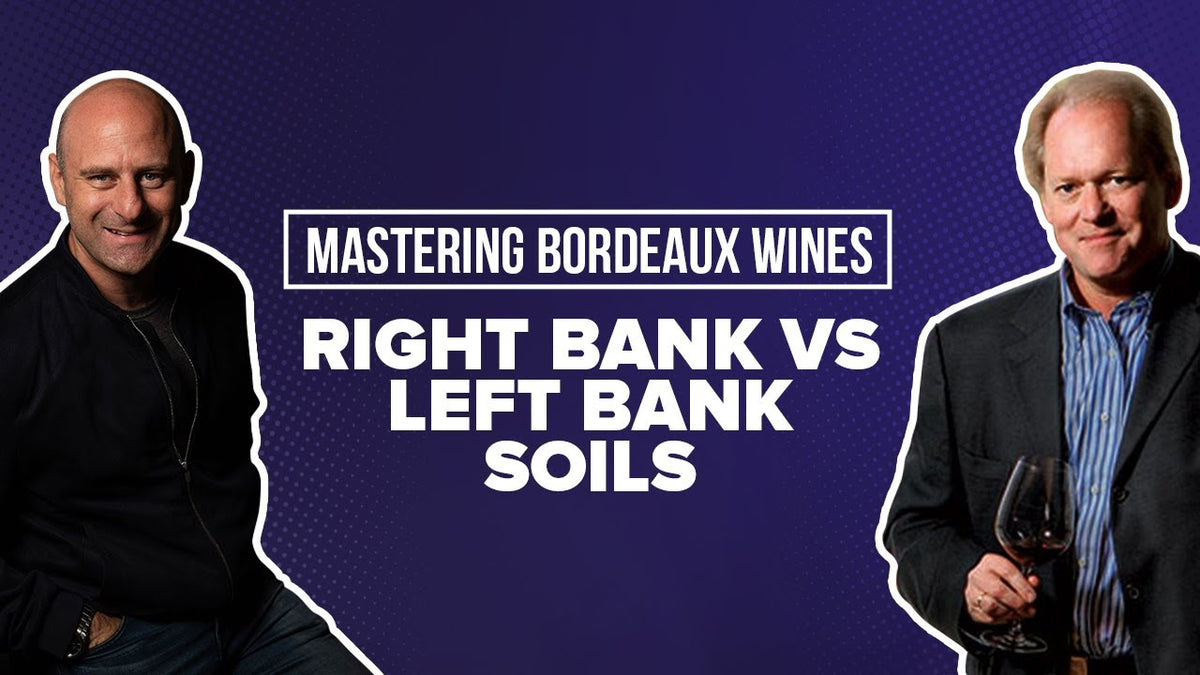 Graphic reading "Mastering Bordeaux Wines: Right Bank Vs Left Bank Soils" with two men on purple