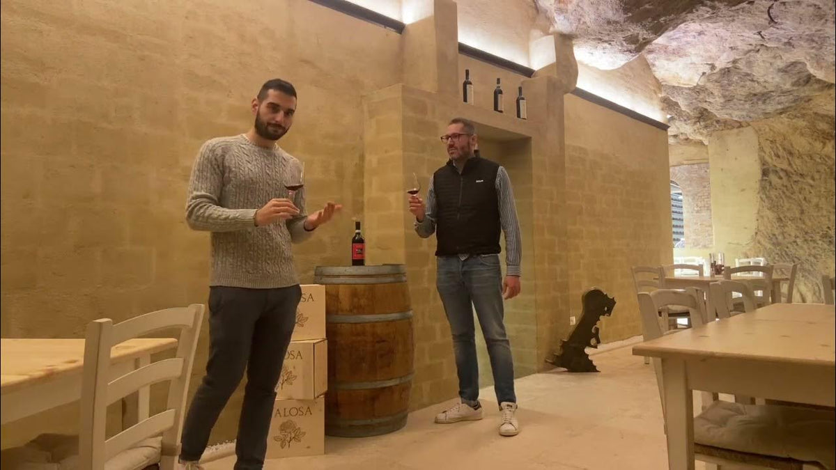 Two men holding glasses of red wine in a stone cellar tasting room with a barrel and stacked wine cases