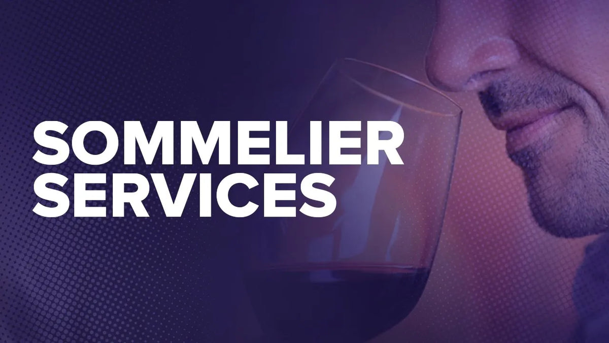 Graphic reading "Sommelier Services" over a close-up of a man nosing a glass of red wine