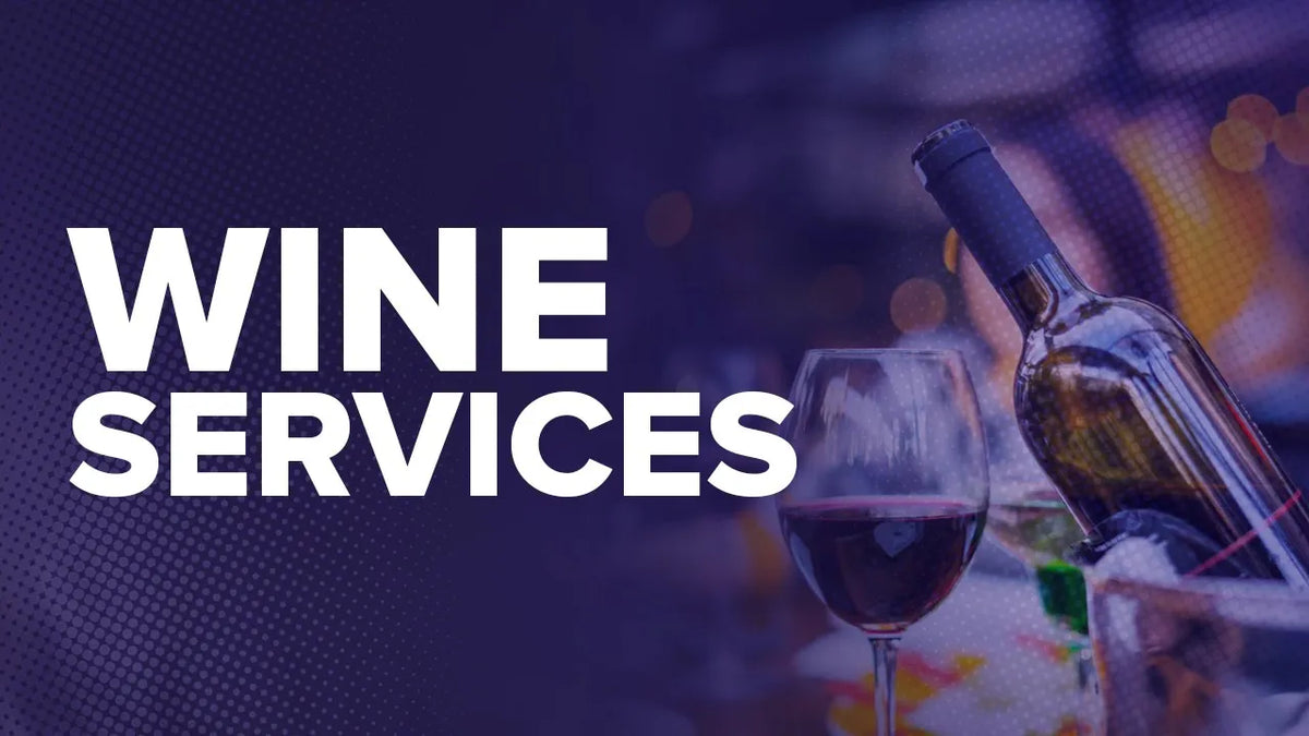 Graphic reading "Wine Services" over a wine bottle and a filled glass of red wine on a bar
