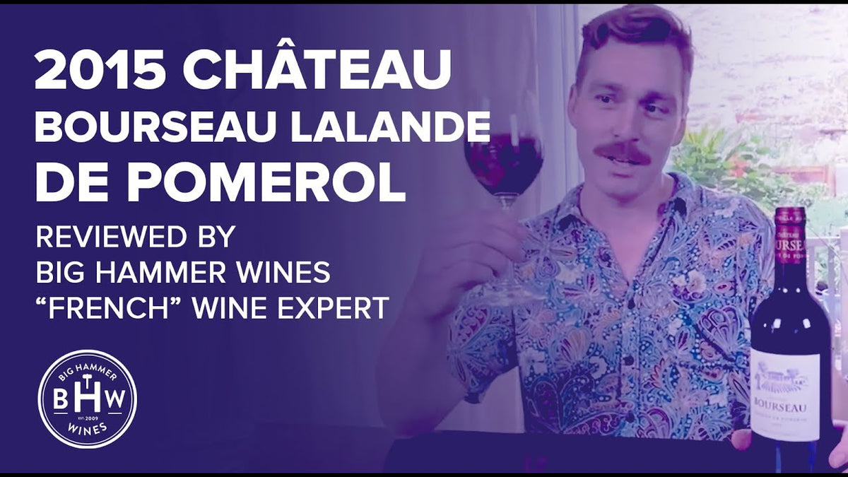 Graphic reading "2015 Chateau Bourseau Lalande de Pomerol" beside a man holding a glass of red wine