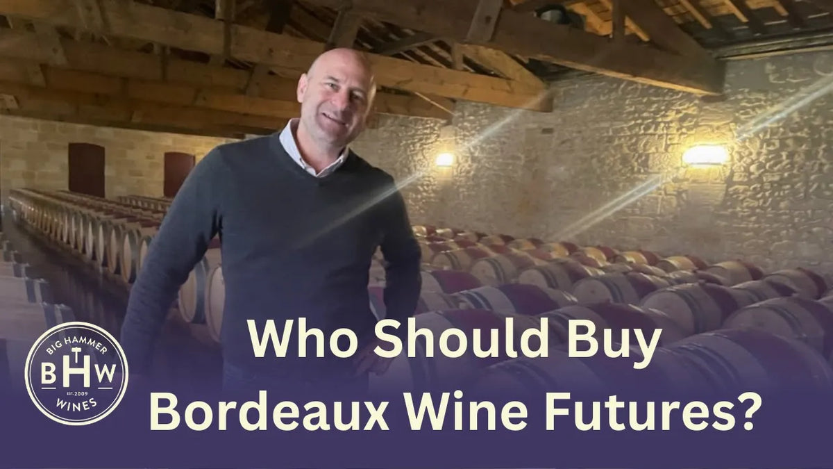 Man in a barrel cellar with text "Who Should Buy Bordeaux Wine Futures?" and the BHW logo