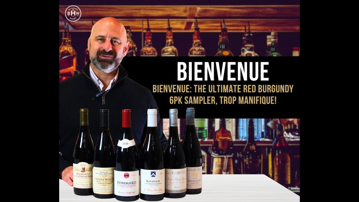 Man behind a bar with six red wine bottles, text reading "Bienvenue: the ultimate Red Burgundy 6pk sampler"