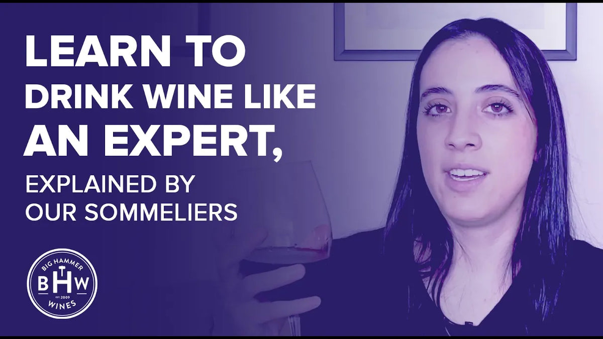 Graphic reading "Learn To Drink Wine Like An Expert, Explained By Our Sommeliers" over a woman holding a glass