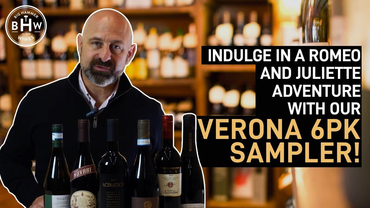 Man in a wine shop behind six bottles, text reading "Verona 6pk Sampler"