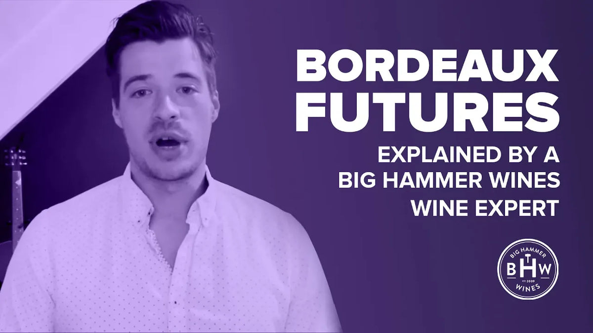 Graphic reading "Bordeaux Futures explained by a Big Hammer Wines wine expert" over a man speaking to camera