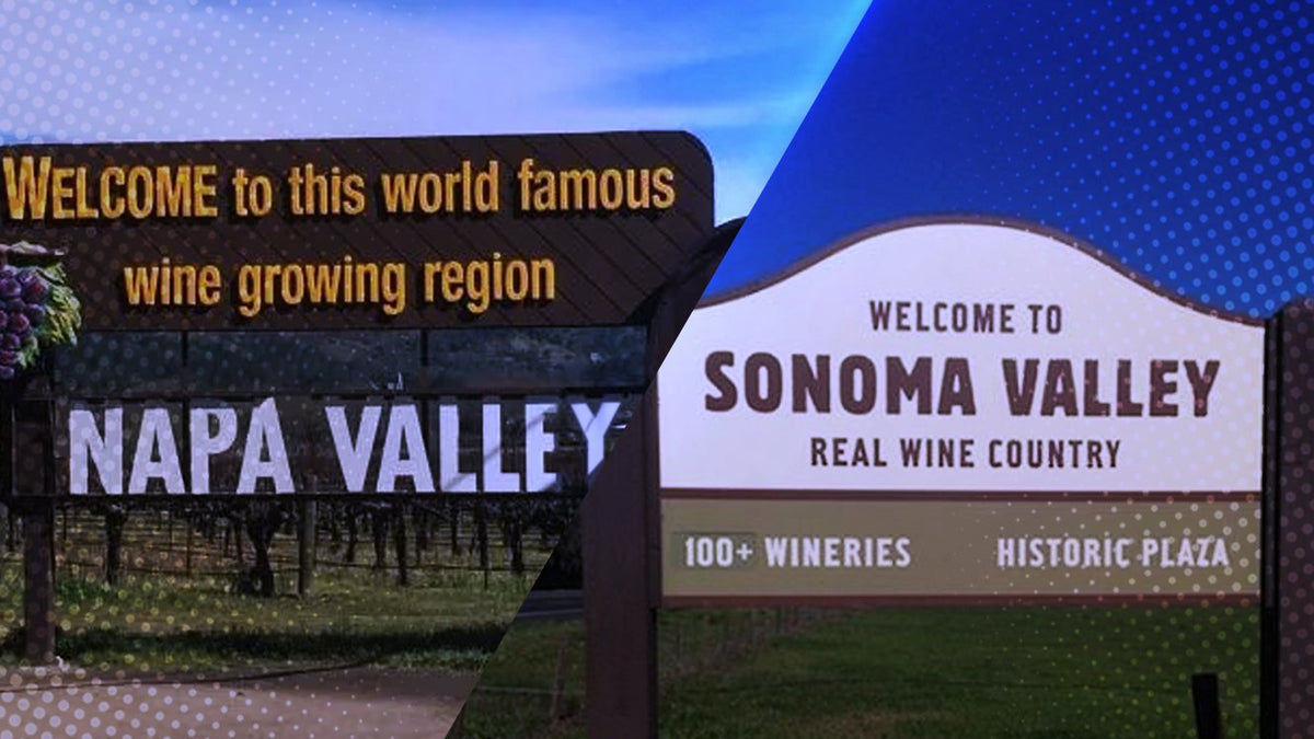 Welcome to Napa Valley and Welcome to Sonoma Valley road signs shown side by side