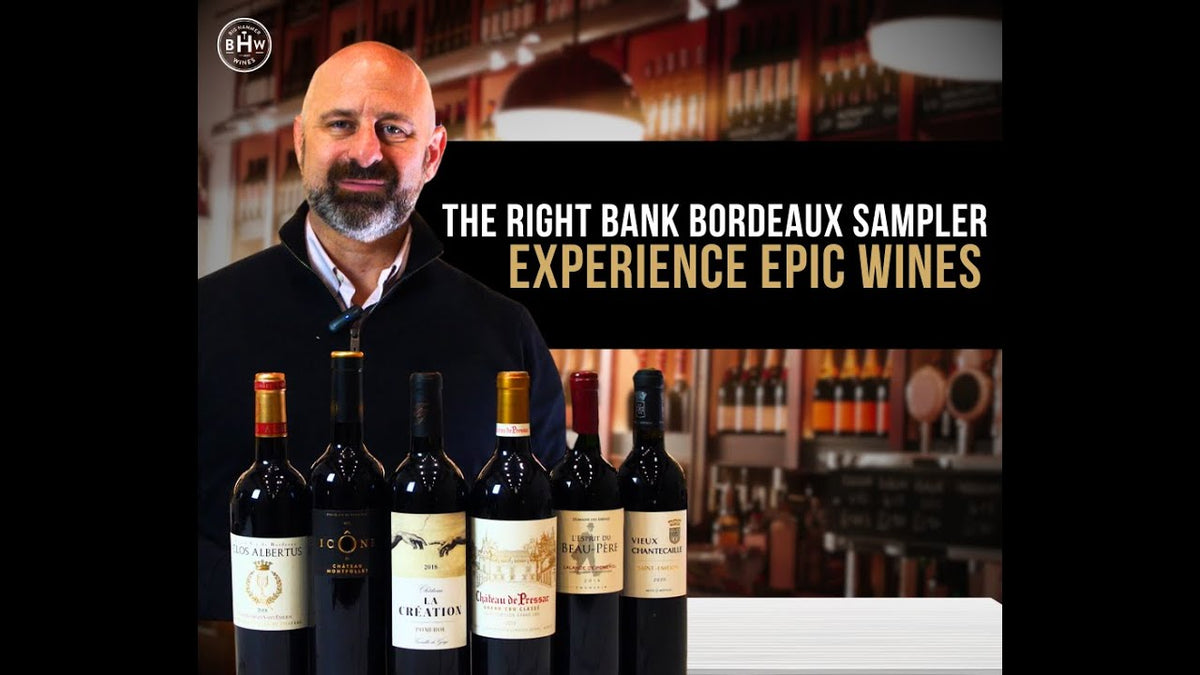 Man behind a bar with six red wine bottles, text reading "The Right Bank Bordeaux Sampler"