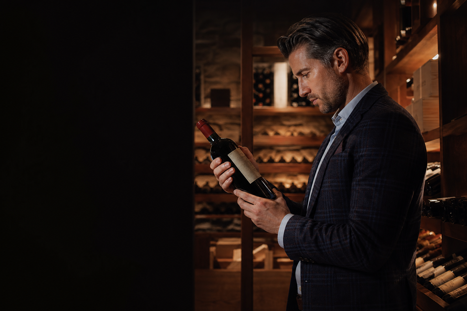 Wine expert examining a fine-wine bottle in a private cellar