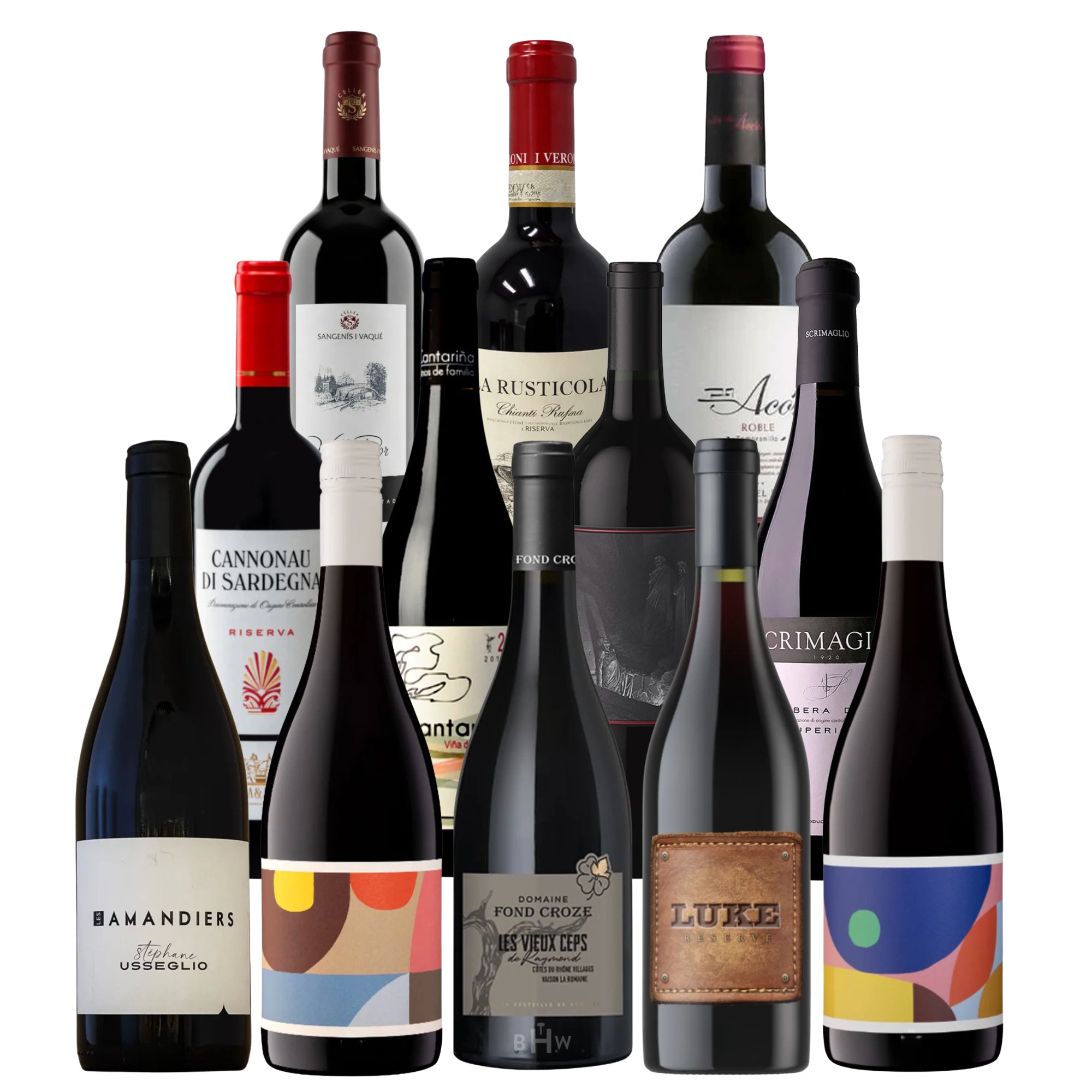 A tiered display of 12 value-driven red wine bottles from global regions, shown against a white background. This collection features a diverse selection including Domaine Fond Croze, Luke Reserve, La Rusticola Chianti, and Cannonau di Sardegna. The sampler highlights high-quality reds from France, Italy, and beyond, all under $25. Curated by Big Hammer Wines.