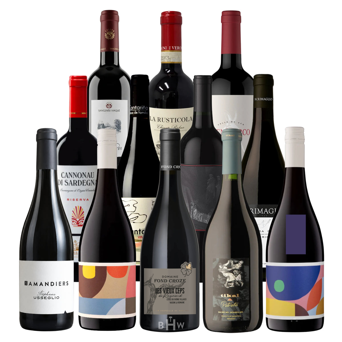 A tiered display of 12 value-driven red wine bottles from global regions, shown against a white background. This collection features a diverse selection including Domaine Fond Croze, Luke Reserve, La Rusticola Chianti, and Cannonau di Sardegna. The sampler highlights high-quality reds from France, Italy, and beyond, all under $25. Curated by Big Hammer Wines.
