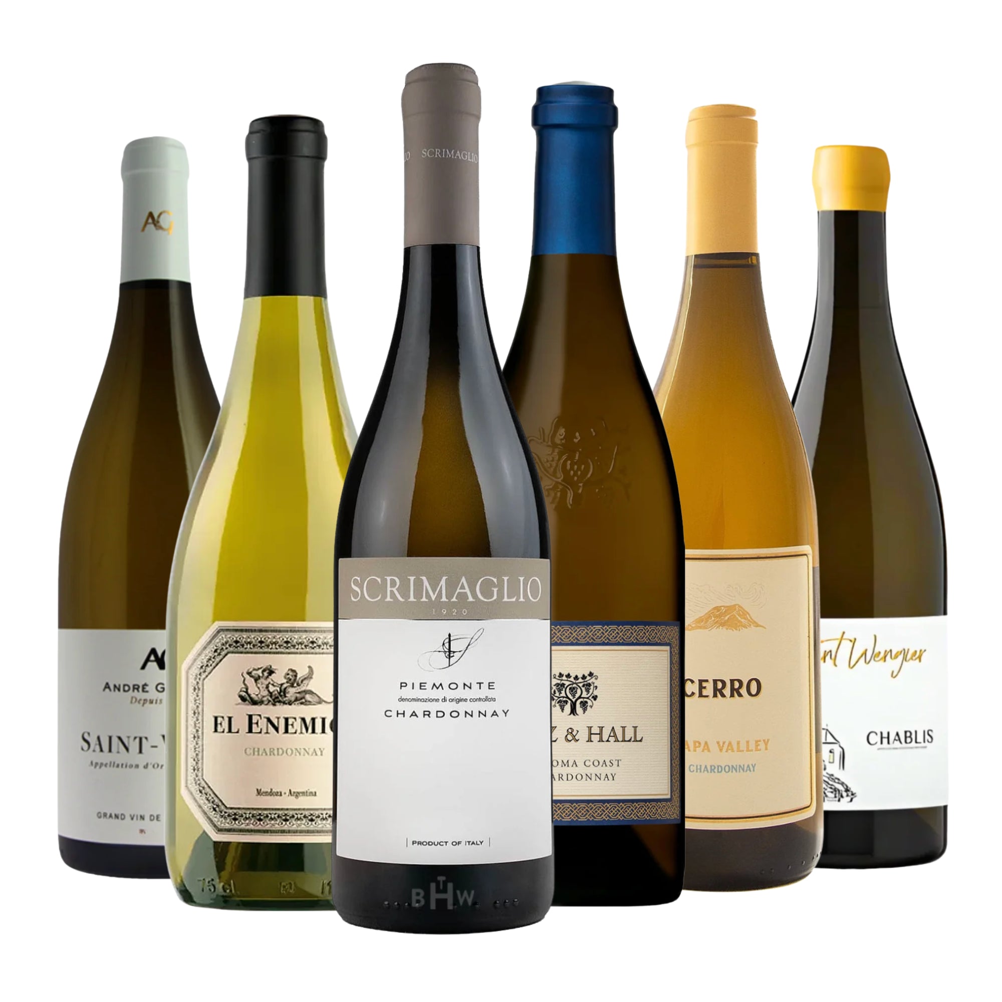 A collection of six diverse Chardonnay bottles from global regions including Chablis, Napa Valley, Sonoma Coast, Argentina, and Italy. Curated by Big Hammer Wines.