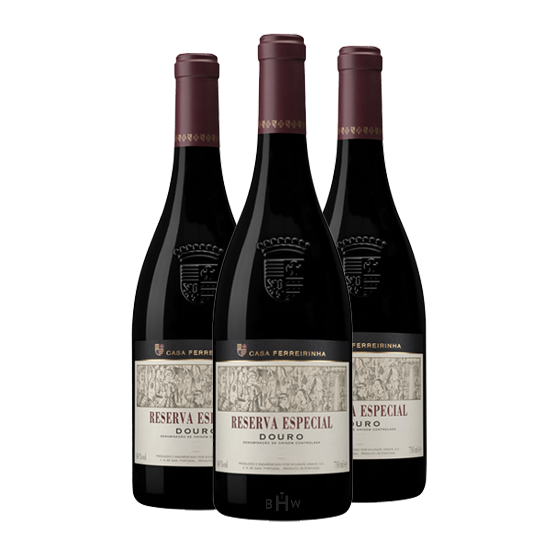 Three bottles of 2014 Casa Ferreirinha Reserva Especial Douro wine on a white background