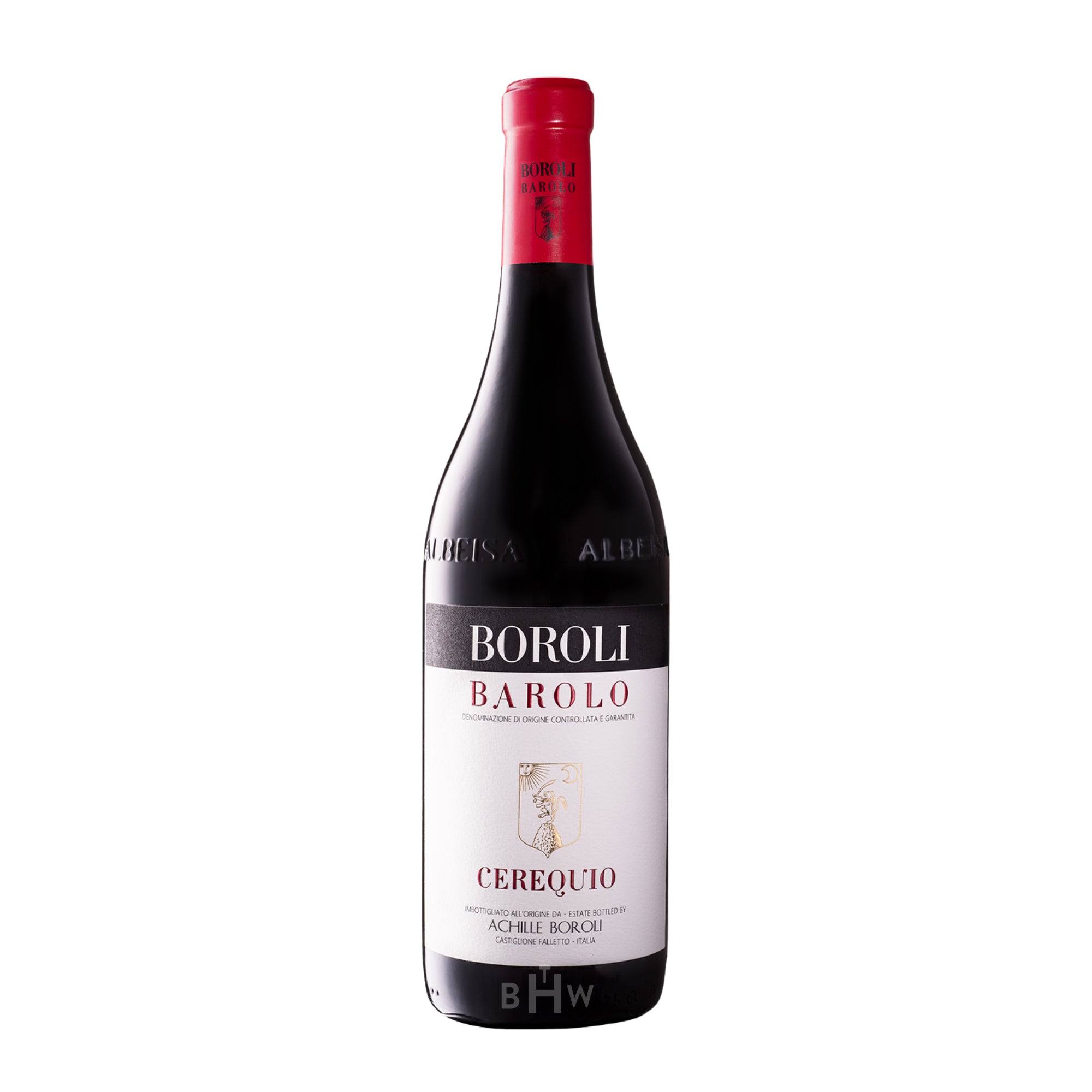 A bottle of 2015 Boroli Barolo Cerequio Italian red wine featuring a red foil capsule and a white label with gold and red accents