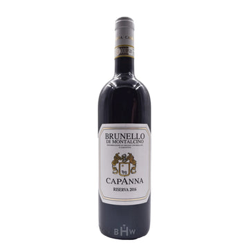2016 Capanna Brunello di Montalcino Riserva DOCG red wine bottle, premium aged Sangiovese from Tuscany Italy with classic label and elegant presentation