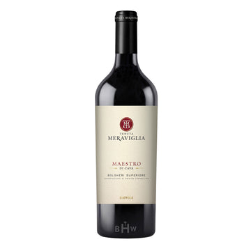A bottle of 2017 Tenuta Meraviglia 'Maestro di Cava' Bolgheri Superiore Italian red wine. The bottle features a black foil capsule and a cream-colored textured label. The label displays a circular red "TM" monogram logo, followed by the "Tenuta Meraviglia" brand name and "MAESTRO DI CAVA" in red and black elegant serif typography. The "Bolgheri Superiore" DOC designation and the "Dievole" family name are visible at the bottom.