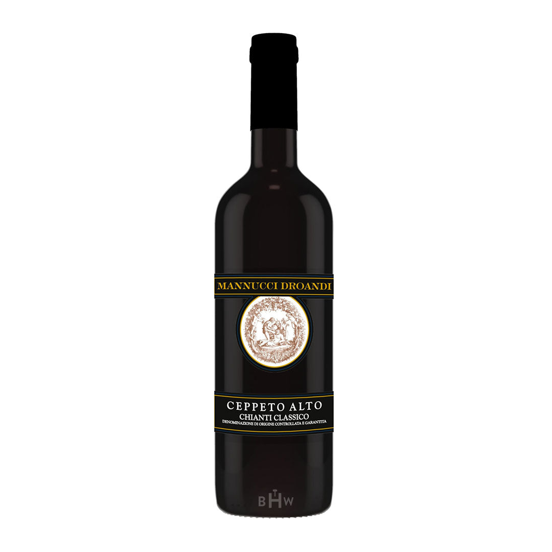 A bottle of 2018 Mannucci Droandi Chianti Classico Ceppetto Alto DOCG wine with a dark label and a clear glass bottle.