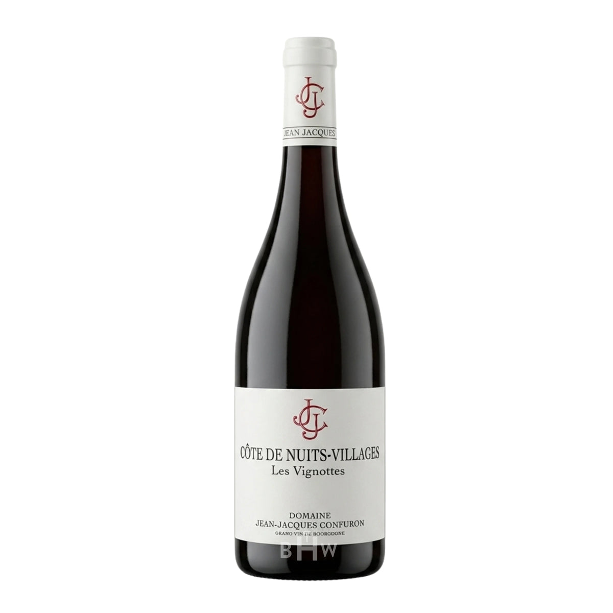 Bottle of 2018 Domaine Jean-Jacques Confuron Côte de Nuits-Villages "Les Vignottes" Pinot Noir featuring a white label with a red JJC monogram logo, curated by Big Hammer Wines.